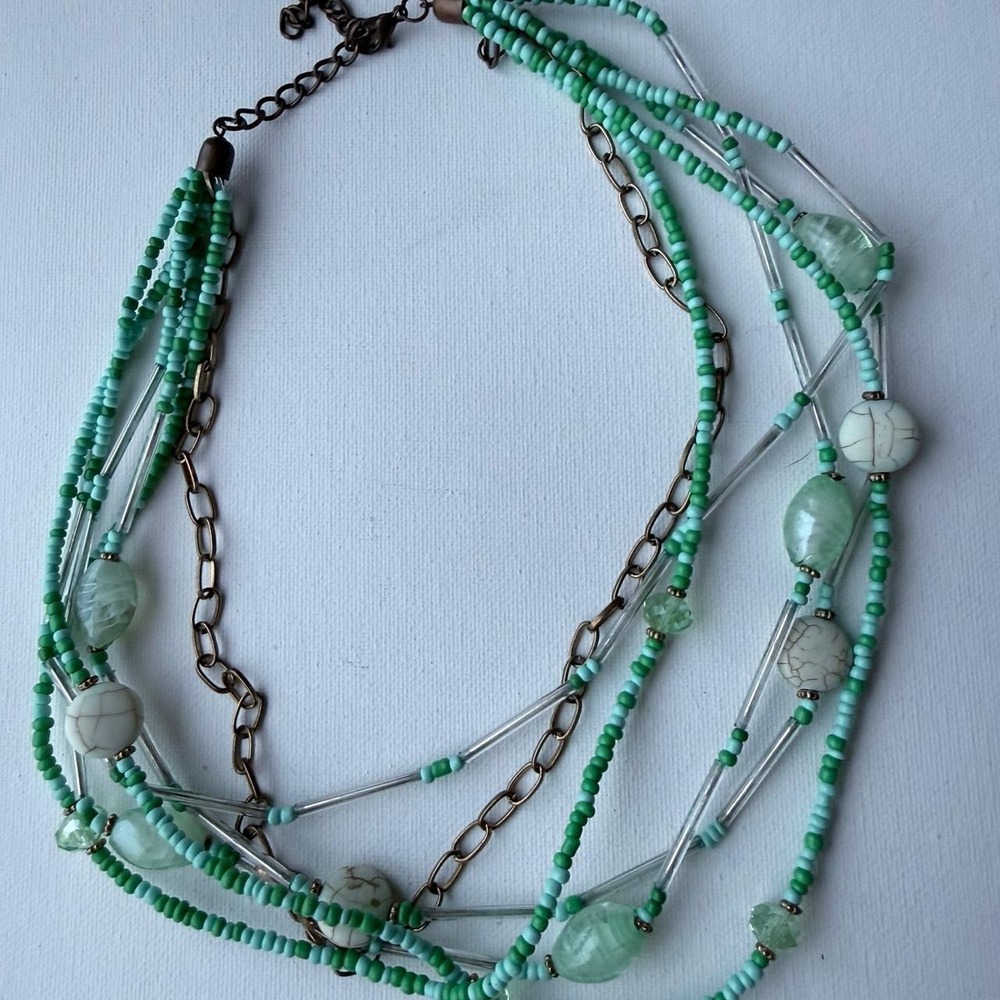 Five strand vintage necklace with green, blue and gold